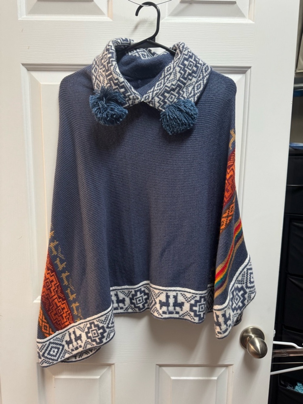 Bolivian Navy Knit Poncho Tunic with Patterned Collar and Pom Accents
